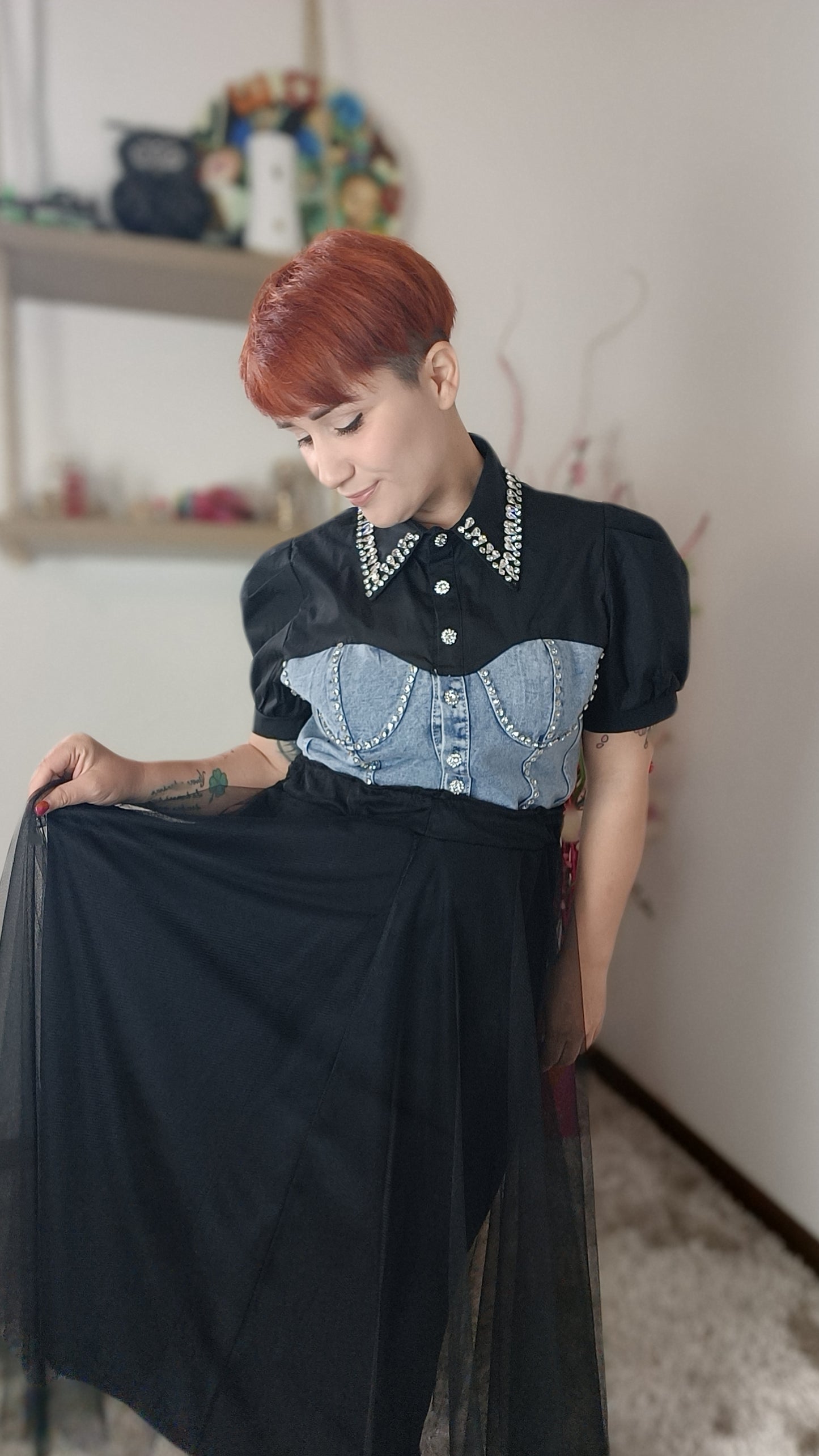 Camicia Jeans con Brillantini Nera