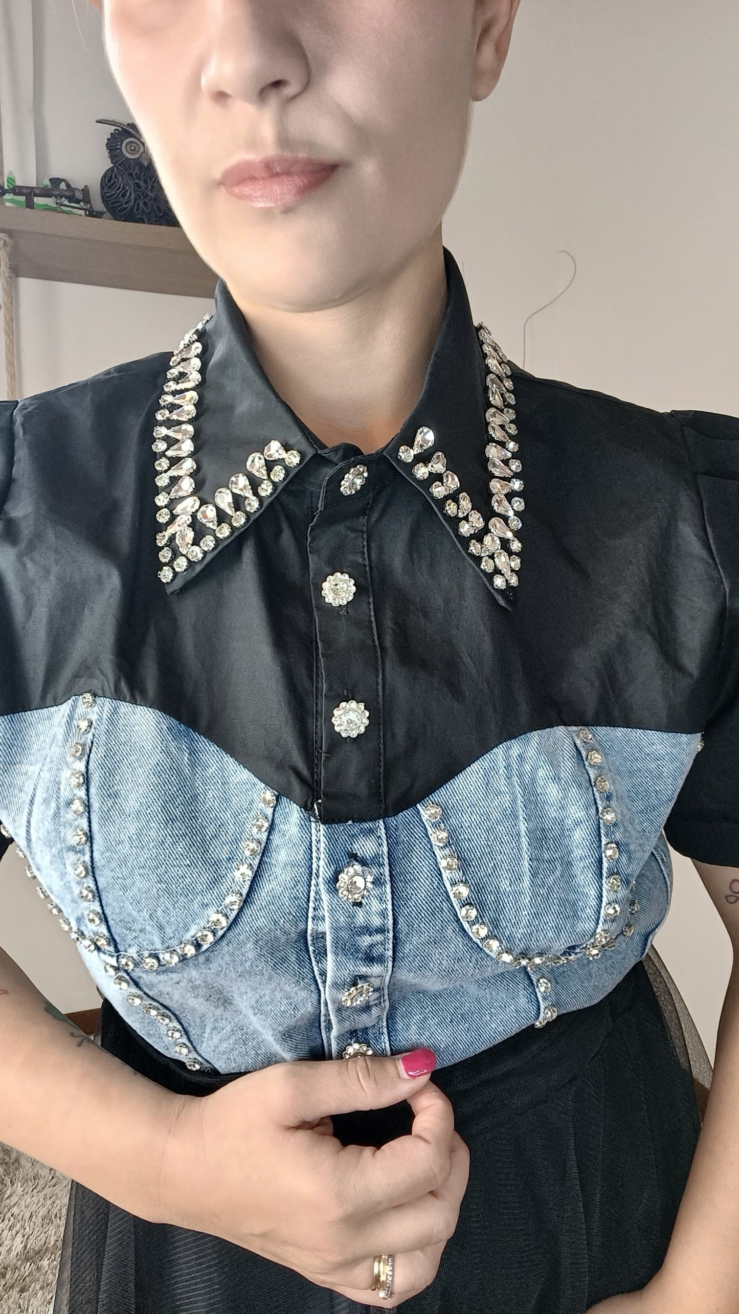 Camicia Jeans con Brillantini Nera